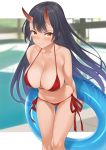  1girl 3: arms_behind_back ass_visible_through_thighs bare_shoulders bikini black_hair blurry blush breasts cleavage closed_mouth collarbone commentary_request depth_of_field frown halter_top halterneck highres innertube large_breasts long_hair looking_at_viewer navel oni_horns orange_eyes original pool red_bikini side-tie_bikini sidelocks solo standing strap_gap sweat swimsuit takunomi v-shaped_eyebrows very_long_hair 