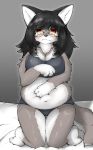  2019 anthro bed belly black_hair blush bodily_fluids bra breasts canid canine canis clothing eyewear female glasses grey_background hair hand_on_stomach kneeling looking_at_viewer mammal navel on_bed overweight post_transformation simple_background solo tears underwear wolf yellow_eyes 失くし物 