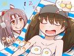  2girls bikini_top breast_conscious brown_eyes brown_hair chair dreaming drooling fried_egg hachimaki headband kantai_collection lounge_chair miccheru multiple_girls musical_note open_mouth ryuujou_(kantai_collection) smile spatula tongue tongue_out topless twintails upper_body visor_cap zuihou_(kantai_collection) 
