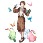  1boy belt bird book boots brown_hair bunny closed_eyes full_body gloves jewelry male_focus necklace noel_chandler official_art pointy_ears solo star_ocean star_ocean_anamnesis star_ocean_the_second_story transparent_background 