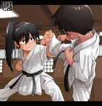  2boys blocking dojo dougi fighting_stance from_behind hair_between_eyes highres kaminosaki1 karate karate_gi kicking long_hair martial_arts multiple_boys original ponytail sweat uniform 