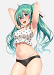  1girl :d armpits arms_behind_head arms_up bandeau bangs bare_arms bare_shoulders black_panties black_ribbon breasts collarbone cowboy_shot crop_top eyebrows_visible_through_hair green_eyes green_hair grey_background groin hair_between_eyes hair_ribbon hatsune_miku highleg highres hiiragi_hajime long_hair medium_breasts midriff navel open_mouth panties polka_dot ribbon simple_background smile solo standing stomach thighs twintails underwear vocaloid white_ribbon 