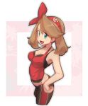  1girl :d bangs bike_shorts blue_eyes bow breasts brown_hair butt_crack cleavage collarbone cropped_legs hair_bow hairband hand_on_hip haruka_(pokemon) long_hair medium_breasts nyonn24 open_mouth pink_bow pink_hairband pokemon pokemon_(game) pokemon_oras red_shirt shirt sketch sleeveless sleeveless_shirt smile solo standing swept_bangs white_background 