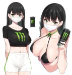  1girl bangs bare_shoulders bikini black_bikini black_hair black_shirt breasts can cleavage collarbone crop_top cropped_torso energy_drink eyebrows_visible_through_hair green_eyes green_nails halter_top halterneck hand_up holding holding_can large_breasts long_hair looking_at_viewer midriff monster_energy multiple_views nail_polish navel original personification pop_kyun shirt short_shorts short_sleeves shorts simple_background surgical_mask swimsuit white_background white_shorts 