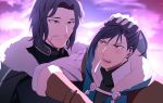  2boys black_hair blue_eyes blush brown_eyes cape cloud facial_hair father_and_son felix_hugo_fraldarius fire_emblem fire_emblem:_three_houses fur_trim gloves male_focus multiple_boys mustache open_mouth ponytail rodrigue_achille_fraldarius sky teeth user_hyxw5847 