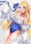  1girl abigail_williams_(fate/grand_order) bangs bare_shoulders blonde_hair blue_choker blue_eyes blue_ribbon blue_swimsuit blush breasts choker collarbone cosplay covered_navel fate/grand_order fate_(series) forehead frills hair_ribbon highleg highleg_swimsuit highres long_hair long_sleeves looking_at_viewer meltryllis meltryllis_(swimsuit_lancer)_(fate) meltryllis_(swimsuit_lancer)_(fate)_(cosplay) minertime one-piece_swimsuit open_mouth parted_bangs puffy_short_sleeves puffy_sleeves ribbon short_sleeves sleeves_past_fingers sleeves_past_wrists small_breasts smile solo swimsuit thighs water 