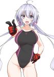  1girl absurdres ahoge ass_visible_through_thighs black_gloves black_swimsuit commentary_request contrapposto foreshortening gloves hand_on_hip harukon_(halcon) highleg highleg_swimsuit highres lavender_hair looking_at_viewer low_twintails open_mouth pointing purple_eyes senki_zesshou_symphogear simple_background smile solo swimsuit twintails white_background yukine_chris 