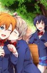  3girls bangs blazer blue_eyes blue_hair bow bowtie cheek_kiss closed_eyes commentary_request eyebrows_visible_through_hair grey_hair hair_between_eyes hair_bow jacket kiss kousaka_honoka long_hair long_sleeves looking_at_another love_live! love_live!_school_idol_festival love_live!_school_idol_project minami_kotori multiple_girls oda_(101511a) one_eye_closed one_side_up open_mouth orange_hair otonokizaka_school_uniform pleated_skirt red_neckwear school_uniform skirt sonoda_umi striped striped_neckwear yellow_bow yellow_eyes 