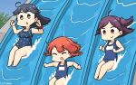  3girls ahoge black_hair blue_swimsuit bob_cut braid brown_eyes casual_one-piece_swimsuit closed_eyes commentary_request dated etorofu_(kantai_collection) eyebrows_visible_through_hair hagikaze_(kantai_collection) hamu_koutarou highres kantai_collection long_hair multiple_girls name_tag one-piece_swimsuit one_side_up open_mouth polka_dot polka_dot_swimsuit purple_hair red_hair red_scrunchie school_swimsuit scrunchie side_braid sliding smile swimsuit thick_eyebrows twin_braids ushio_(kantai_collection) water_slide wrist_scrunchie 