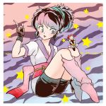  1boy 1girl fingerless_gloves gloves hisoka_morow hunter_x_hunter japanese_clothes machi_(hunter_x_hunter) parody ponytail rain0129 style_parody takahashi_rumiko_(style) 