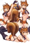  1girl animal_ear_fluff animal_ears antenna_hair black_legwear blazblue breasts brown_eyes brown_hair closed_mouth dual_wielding eyebrows_visible_through_hair fingerless_gloves gloves hair_between_eyes highres holding iwbitu-sa large_breasts looking_at_viewer lying makoto_nanaya microskirt multiple_views navel no_shoes on_stomach one_eye_closed short_hair skirt squirrel_ears squirrel_girl squirrel_tail tail thighhighs tonfa tongue tongue_out weapon white_background 