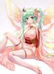  1girl absurdres butterfly_hair_ornament butterfly_wings eyebrows_visible_through_hair flower green_eyes green_hair hair_between_eyes hair_flower hair_ornament hatsune_miku high_heels highres japanese_clothes kimono long_hair looking_at_viewer pink_legwear sitting solo thighhighs twintails ueng vocaloid wings 