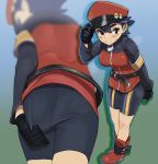  1girl 2equal8 adjusting_clothes adjusting_hat adjusting_shorts ass belt bike_shorts black_hair boots hat highres looking_down mole mole_under_eye multiple_views pantylines peaked_cap pokemon pokemon_(game) pokemon_masters pokemon_ranger_uniform short_hair shorts shorts_pull sweatdrop 