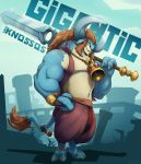  2019 3_fingers anthro barefoot bell bottomwear bovid bovine cattle clothed clothing corrsk digital_media_(artwork) ear_piercing ear_ring fingers fur gigantic hair hi_res holding_object hooves horn looking_at_viewer lord_knossos_(gigantic) male mammal melee_weapon motiga muscular muscular_male open_vest pants piercing polearm scar smile solo spear topwear vest weapon 