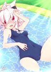  1girl bangs blush breasts eyebrows_visible_through_hair horns light_rays lying name_tag old_school_swimsuit on_back original pointy_ears ponytail red_eyes reku school_swimsuit shiroko_(reku) short_hair small_breasts solo sunbeam sunlight swimsuit water white_hair 