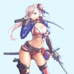  1girl american_flag_bikini belt bikini blue_background blue_eyes breasts brown_gloves choker cleavage dual_wielding fate/grand_order fate_(series) fingerless_gloves flag_print front-tie_bikini front-tie_top gloves grin gun gunblade hair_bun highres holding holding_gun holding_sword holding_weapon jacket long_hair looking_at_viewer mao_san miyamoto_musashi_(fate/grand_order) miyamoto_musashi_(swimsuit_berserker)_(fate) multi-strapped_bikini navel purple_hair sheath simple_background smile solo swimsuit sword thighhighs weapon 