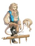  2009 2019 4_toes anthro black_nose blue_eyes clothed clothing digital_media_(artwork) digitigrade felid katie_hofgard lion looking_at_viewer male mammal pantherine simple_background solo toes traditional_media_(artwork) white_background 