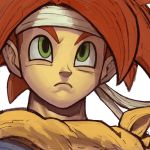  1boy bandana chrono chrono_trigger close-up crono face garrett_hanna green_eyes human male male_focus male_only portrait red_hair scarf solo solo_focus spiked_hair square_enix video_games 