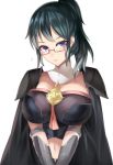  1girl absurdres alternate_hairstyle bespectacled black_cape blue_eyes blue_hair breasts byleth_(fire_emblem) byleth_(fire_emblem)_(female) cape closed_mouth fire_emblem fire_emblem:_three_houses glasses highres large_breasts navel ponytail red-framed_eyewear simple_background solo tea_texiamato upper_body white_background 