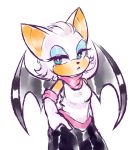  anthro beek blue_eyes bottomwear breasts chiropteran clothing female fur gloves handwear mammal pants portrait rouge_the_bat shirt simple_background solo sonic_(series) topwear white_background white_fur wings 