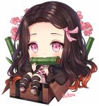  1girl artist_name bamboo bangs big_head bit_gag black_hair black_legwear brown_footwear brown_hair checkered chibi commentary english_commentary fingernails flower forehead full_body gag hair_ribbon hands_up hitsukuya in_container japanese_clothes kamado_nezuko kimetsu_no_yaiba kimono long_hair long_sleeves looking_at_viewer mouth_hold multicolored_hair nail_polish obi open_clothes parted_bangs pink_eyes pink_flower pink_kimono pink_nails pink_ribbon ribbon sandals sash sharp_fingernails shoe_soles signature simple_background solo two-tone_hair very_long_hair white_background white_legwear wide_sleeves 