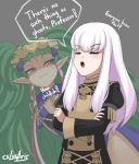 2girls :3 artist_name braid closed_eyes closed_mouth crossed_arms cslucaris english_text fire_emblem fire_emblem:_three_houses green_eyes green_hair grey_background hair_ornament long_hair long_sleeves lysithea_von_ordelia manakete multiple_girls open_mouth pointy_ears simple_background sothis_(fire_emblem) tiara twin_braids uniform white_hair 
