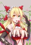  artist_name baileys_(tranquillity650) bangs blonde_hair bow breasts candy cleavage collared_shirt commentary_request elbow_gloves eyebrows_visible_through_hair fingerless_gloves flower_knight_girl food gloves green_eyes hair_between_eyes hair_bow heterochromia highres holding_lollipop ivy ivy_(flower_knight_girl) large_breasts lollipop long_hair looking_at_viewer open_mouth orange_eyes shirt sidelocks signature sleeveless sleeveless_shirt upper_body 