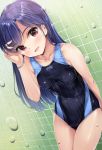  1girl bare_shoulders blue_hair blush bracelet breasts collarbone commentary_request competition_swimsuit covered_navel cowboy_shot idolmaster idolmaster_(classic) jewelry kisaragi_chihaya long_hair looking_at_viewer medium_breasts one-piece_swimsuit open_mouth red_eyes showering smile solo swimsuit water wet yokaze_japan 