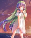  1girl ^_^ ames aono_(f_i_s) bangs bare_shoulders blush bracelet braid closed_eyes cloud cloudy_sky collarbone dress evening eyebrows_visible_through_hair facing_viewer floating_hair green_hair grin highres horizon jewelry long_hair multicolored_hair ocean off-shoulder_dress off_shoulder outdoors pointy_ears princess_connect! princess_connect!_re:dive purple_hair see-through side_braids sidelocks sky smile solo standing summer sunset twin_braids two-tone_hair very_long_hair wading water white_dress 