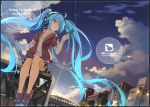  1girl absurdly_long_hair ahoge artist_name beek blue_eyes blue_hair building cellphone cloud dated dutch_angle floating_hair hand_in_pocket hatsune_miku headphones long_hair outdoors phone shoes sidelocks sitting skirt sky smartphone sneakers solo twintails very_long_hair vocaloid 