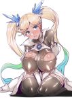  1girl absurdres black_legwear blonde_hair blue_eyes blush breasts covered_nipples dark_skin gggg gloves granblue_fantasy highres io_euclase large_breasts long_hair looking_at_viewer open_mouth seiza sitting solo sweat thighhighs torn_clothes twintails very_long_hair 