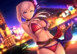  1girl arms_behind_back bare_arms bare_shoulders belt blue_eyes blurry blurry_background bokeh breasts bun_cover choker city_lights cleavage closed_mouth commentary_request cowboy_shot depth_of_field dutch_angle fate/grand_order fate_(series) floating_hair fringe_trim front-tie_bikini front-tie_top large_breasts long_hair looking_at_viewer miyamoto_musashi_(fate/grand_order) miyamoto_musashi_(swimsuit_berserker)_(fate) navel outdoors oyaji-sou pink_hair purple_ribbon pyramid ribbon smile solo standing star star_print striped 