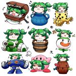  1girl =_= blush_stickers bucket closed_eyes copyright_request dark_souls green_hair ground_vehicle hair_bobbles hair_ornament kashuu_(b-q) kirby kirby_(series) kisume koopa_clown_car mario_(series) military military_vehicle mimic_(dark_souls) motor_vehicle musical_note nintendo pot ride_armor rockman rockman_x souls_(from_software) tank touhou 