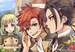  1girl 2boys black_hair blonde_hair blue_sky closed_mouth day felix_hugo_fraldarius fire_emblem fire_emblem:_three_houses flower from_side fujimaru_(green_sparrow) green_eyes ingrid_brandol_galatea long_hair multiple_boys open_mouth orange_eyes orange_hair outdoors short_hair sky sylvain_jose_gautier twitter_username uniform 