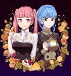  2girls :p blue_hair braid brown_eyes cake closed_mouth cook crown_braid cup epaulettes fire_emblem fire_emblem:_three_houses food hilda_valentine_goneril holding long_hair long_sleeves marianne_von_edmund mofuko multiple_girls pie pink_eyes pink_hair short_sleeves teacup tongue tongue_out twintails uniform upper_body 