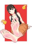  1girl bare_shoulders barefoot black_hair black_tank_top breasts en&#039;en_no_shouboutai feet feet_together highres large_breasts leafar long_hair looking_at_viewer maki_oze no_shoes ponytail pov_feet purple_eyes sitting smile soles solo tank_top toes 