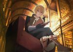  1boy antenna_hair bangs billy_the_kid_(fate/grand_order) black_gloves black_pants blonde_hair blue_eyes book boots brown_footwear brown_jacket chair closed_mouth commentary_request eyebrows_visible_through_hair fate/grand_order fate_(series) from_below gloves highres holding holding_book jacket junktokarev library male_focus necktie open_clothes open_jacket pants shirt short_hair solo white_shirt 
