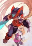  1boy 1girl android bangs black_eyes blonde_hair blue_eyes ciel_(rockman) energy_blade energy_sword gloves hankuri headgear helmet high_ponytail holding holding_weapon long_hair ponytail rockman rockman_zero simple_background skirt sword very_long_hair weapon white_gloves zero_(rockman) 