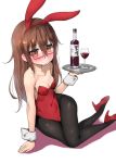  alcohol animal_ears bare_shoulders black_legwear bottle breasts brown_eyes brown_hair bunny_ears bunny_girl bunnysuit cameltoe cleavage cup drinking_glass fake_animal_ears glasses high_heels kantai_collection leotard long_hair mochizuki_(kantai_collection) panbai pantyhose red_footwear red_leotard shoes sitting small_breasts strapless strapless_leotard tray wine wine_bottle wrist_cuffs 