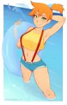  1girl arm_behind_head armpits artist_name blush breasts crop_top day denim denim_shorts dimedrolly from_above gen_1_pokemon green_eyes gyarados innertube kasumi_(pokemon) light_rays looking_at_viewer medium_breasts medium_hair navel ocean orange_hair parted_lips pokemon short_shorts shorts side_ponytail smile smirk solo strap_gap suspender_shorts suspenders tank_top wading 