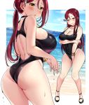  1girl arm_under_breasts ass bangs beach black_choker black_footwear black_swimsuit blue_sky blush bracelet breasts choker cleavage cloud collarbone covered_navel day earrings embarrassed hair_ornament hairclip half_updo highres jewelry large_breasts long_hair looking_at_viewer love_live! love_live!_sunshine!! multiple_views one-piece_swimsuit outdoors parted_lips red_hair sakurauchi_riko sandals sky standing swimsuit tem10 water water_drop wet yellow_eyes 