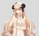  1girl arknights arm_at_side black_horns blonde_hair blue_eyes breasts cat-quest-sun grey_background horns long_hair medium_breasts nightingale_(arknights) ribbed_sweater simple_background solo standing sweater turtleneck turtleneck_sweater upper_body very_long_hair white_headwear white_sweater yellow_pupils 