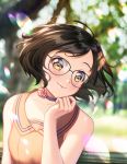  1girl artist_name bare_arms bare_shoulders blurry blurry_background blush breasts brown_eyes brown_hair choker collarbone commentary commission flower flowers_(innocent_grey) glasses kimopoleis looking_at_viewer medium_breasts original outdoors short_hair smile solo 