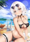  1girl absurdres arikawa_rui azur_lane bangs beach bikini black_bikini blue_sky blush breasts choker cleavage collarbone day eyebrows_visible_through_hair eyewear_on_head hair_between_eyes heart heart-shaped_eyewear highres large_breasts looking_at_viewer manjuu_(azur_lane) navel o-ring o-ring_top outdoors red_eyes scrunchie short_hair sirius_(azur_lane) sirius_(midsummer_seirios)_(azur_lane) sky solo sunglasses swimsuit thigh_strap white_hair white_scrunchie wrist_scrunchie 