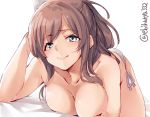  1girl alternate_costume bed bed_sheet blue_eyes blush breast_press breasts brown_hair closed_mouth collarbone ebifurya eyebrows_visible_through_hair hair_between_eyes half-closed_eyes headgear kantai_collection large_breasts light_smile looking_at_viewer lying on_bed on_stomach ponytail saratoga_(kantai_collection) side_ponytail sidelocks smile solo swimsuit topless twitter_username white_background 