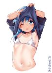  1girl bangs bare_shoulders bikini blue_eyes blue_hair blush breasts collarbone crescent ebifurya eyebrows_visible_through_hair flat_chest hair_between_eyes highres kantai_collection looking_at_viewer micro_bikini minazuki_(kantai_collection) navel one-piece_tan one_eye_closed open_mouth simple_background solo swimsuit tan tanline twitter_username undressing white_background 