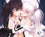  2girls aqua_eyes bikini_top black_hair black_rock_shooter blush breasts cleavage cropped hoodie kuroi_mato long_hair necklace pink_eyes rogia shorts twintails white_hair white_rock_shooter 