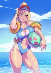  1girl abs ball baseball_cap beachball beagle bikini_tan blonde_hair blue_eyes blue_swimsuit blush breast_lift breasts cleavage cleavage_cutout collarbone contrapposto day freckles grin hair_between_eyes hat high_ponytail inflatable_armbands kajin_(kajinman) large_breasts lips looking_at_viewer metroid mole mole_on_breast mole_on_thigh mole_under_mouth navel navel_cutout ocean one-piece_swimsuit ponytail red_headwear samus_aran sky smile solo swimsuit tan tanline thick_thighs thighs visor_cap water wet 