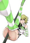  1girl akatsuki_kirika ass blonde_hair blush breasts commentary_request elbow_gloves funkysatou gloves green_eyes green_leotard hair_ornament highres leotard looking_at_viewer medium_breasts no_shoes open_mouth scythe senki_zesshou_symphogear shiny shiny_hair shiny_skin short_hair simple_background smile solo striped striped_legwear thighhighs thighhighs_pull thighs translation_request white_background x_hair_ornament 