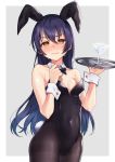  1girl 3: @_@ animal_ears bare_shoulders black_legwear black_leotard black_neckwear blue_hair blush bow bowtie breasts brown_eyes bunny_ears bunny_tail bunnysuit closed_mouth collarbone covered_navel cowboy_shot cup detached_collar drink drinking_glass embarrassed fake_animal_ears fake_tail hair_between_eyes hands_up holding holding_tray leotard long_hair looking_at_viewer love_live! love_live!_school_idol_project medium_breasts moyui_(myi_005) nose_blush pantyhose solo sonoda_umi sweat tail thighband_pantyhose tray two-tone_background v-shaped_eyebrows wine_glass wrist_cuffs 